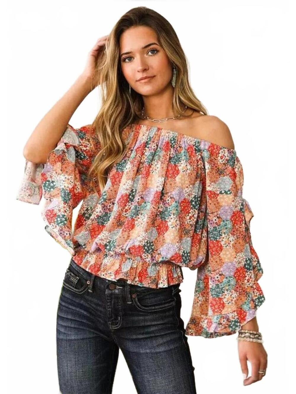 Willow & Root Patchwork Ruffle Off-Shoulder Top Bell Sleeve Smocked Size S NWT